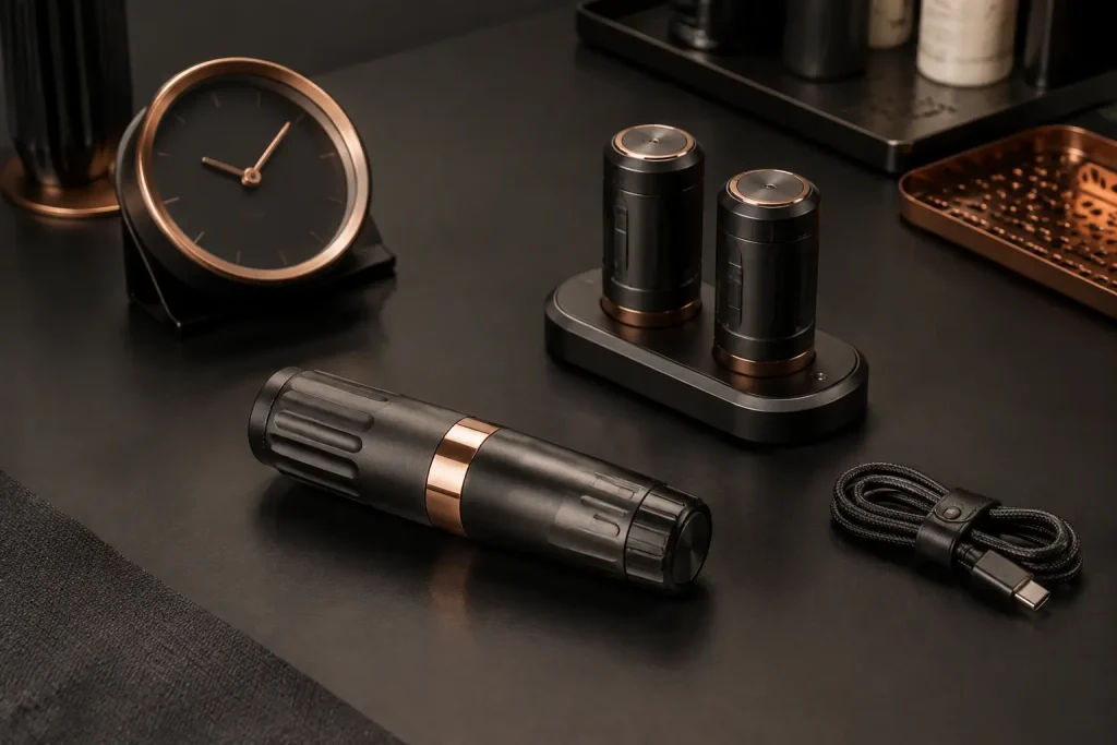 Organisation d’un kit tatouage sans fil avec deux batteries pour assurer la continuité de travail