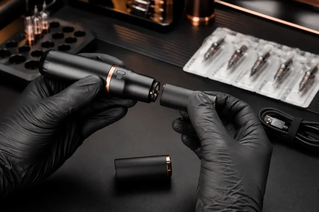 Tatoueur remplaçant la batterie amovible d’une machine sans fil Mast Fold 2 Pro