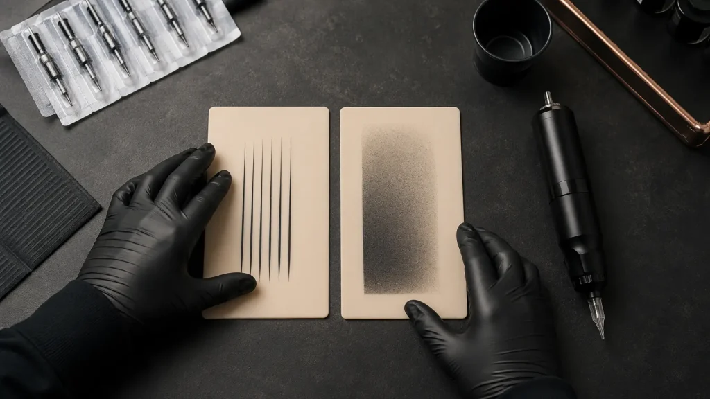 Lignes et ombrage comparés sur peau synthétique pour régler une machine à tatouer sans fil