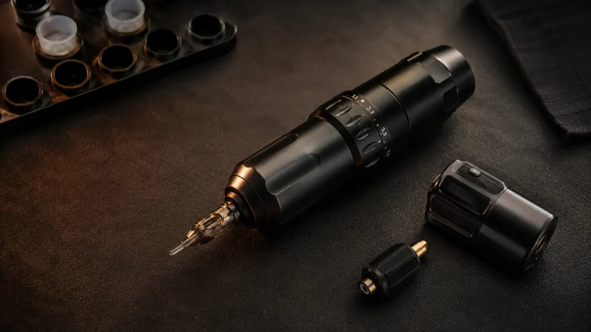 Machine à tatouer sans fil à course réglable présentée avec batterie et adaptateur RCA