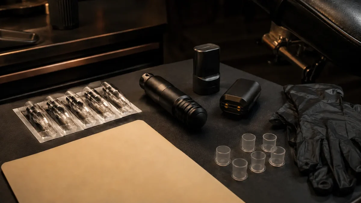 Kit tatouage sans fil avec machine, batteries et cartouches sur un poste de travail