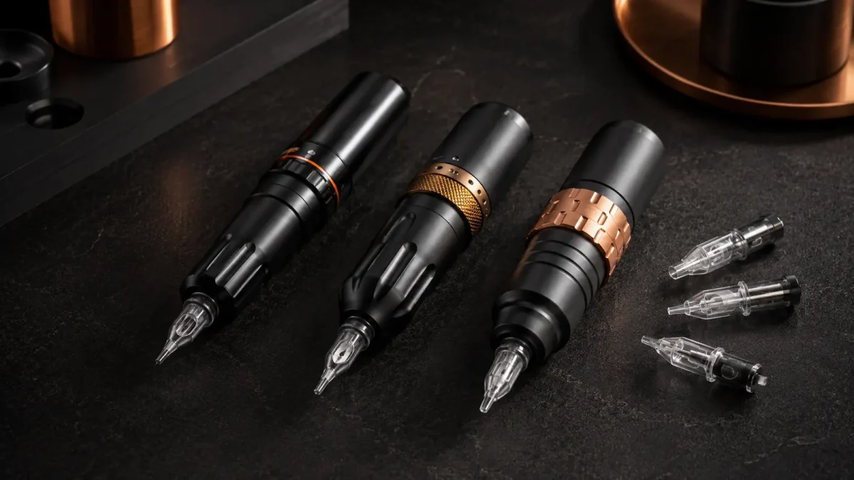 Trois machines à tatouer à course réglable avec différentes bagues d’ajustement