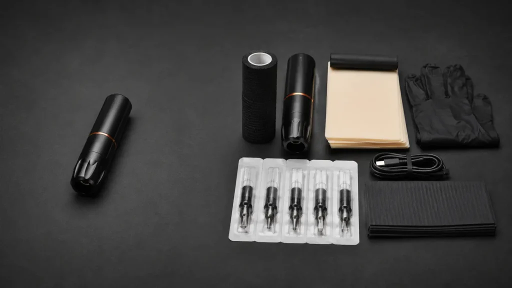 Machine à tatouer vendue seule face à un kit complet avec cartouches et accessoires