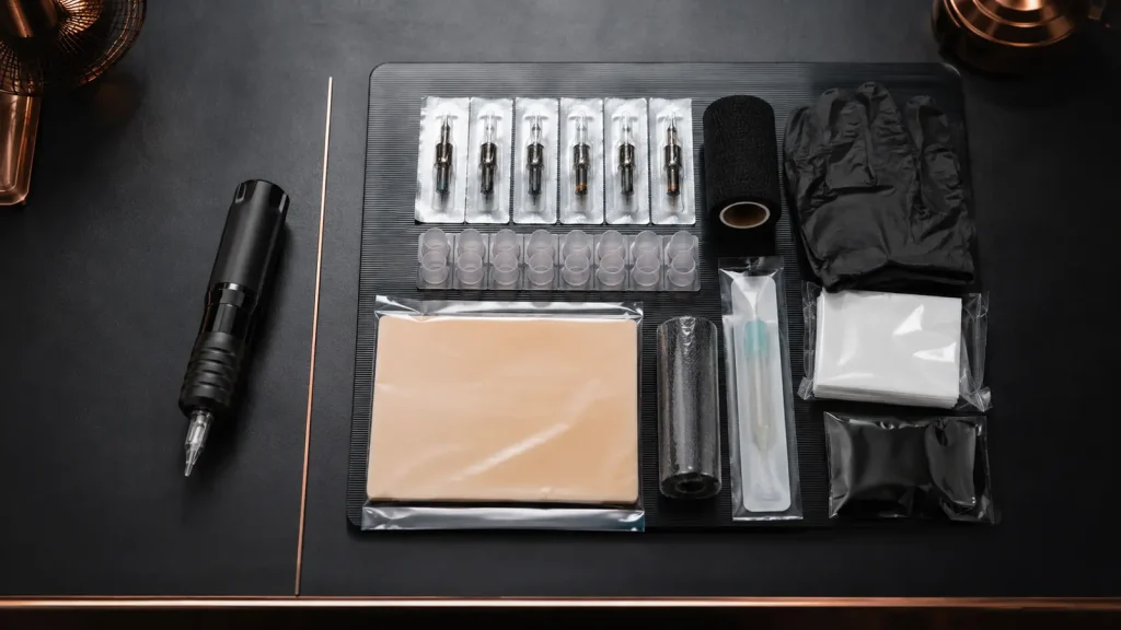 Machine à tatouer sans fil et matériel permettant de comparer la Mast Archer 2 seule au kit professionnel