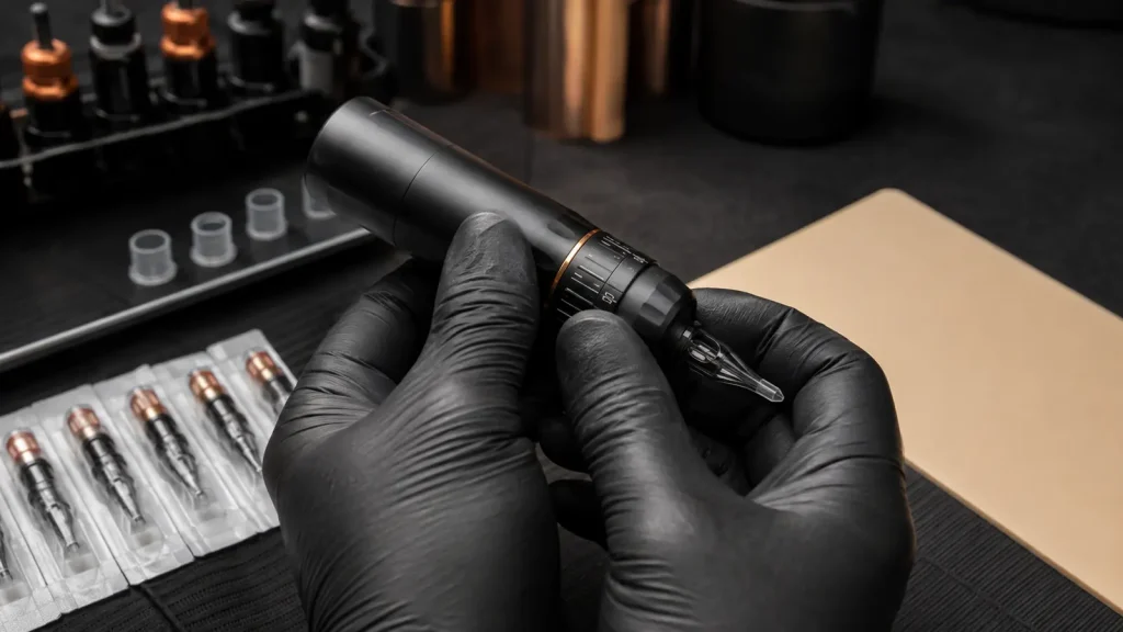 Réglage de la bague de course d’une machine à tatouer avant un essai sur peau synthétique